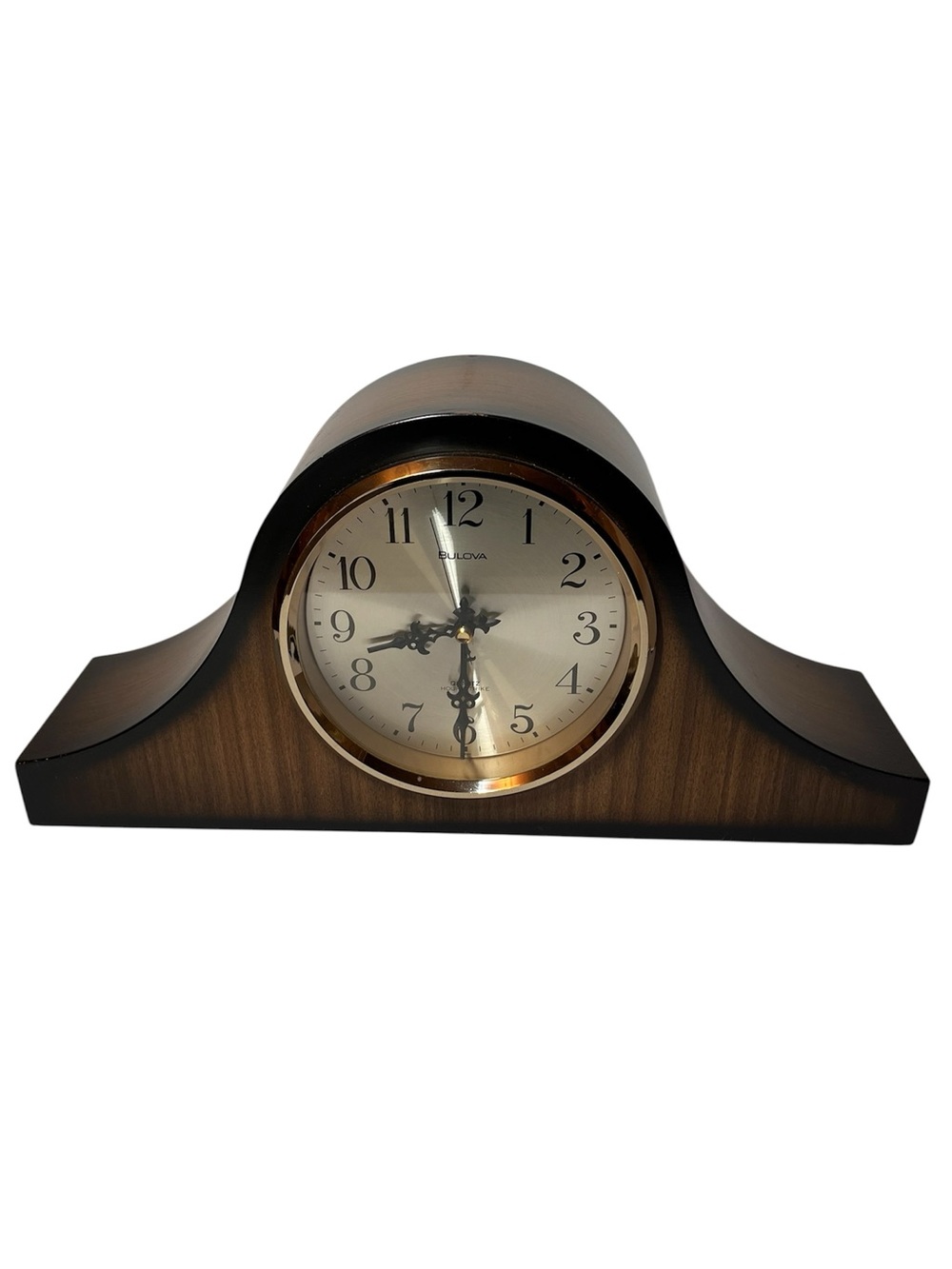 Bulova Brown Mantel Clock with Gold Accents. Battery. Chimes (can turn off)